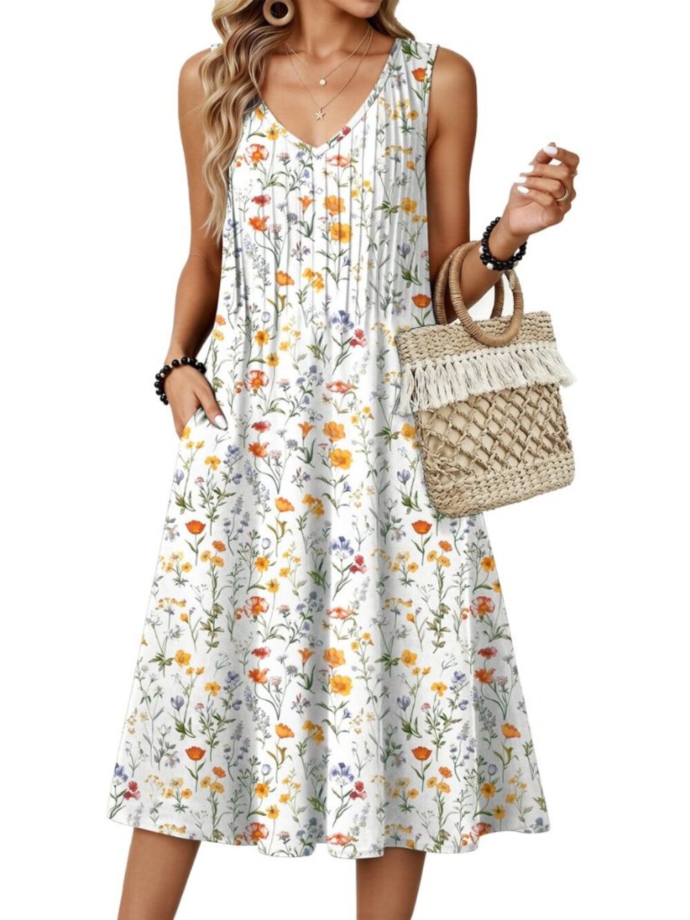 Women Summer Casual Dresses 2026 Sleeveless Midi Pleated Tank Sundress with
